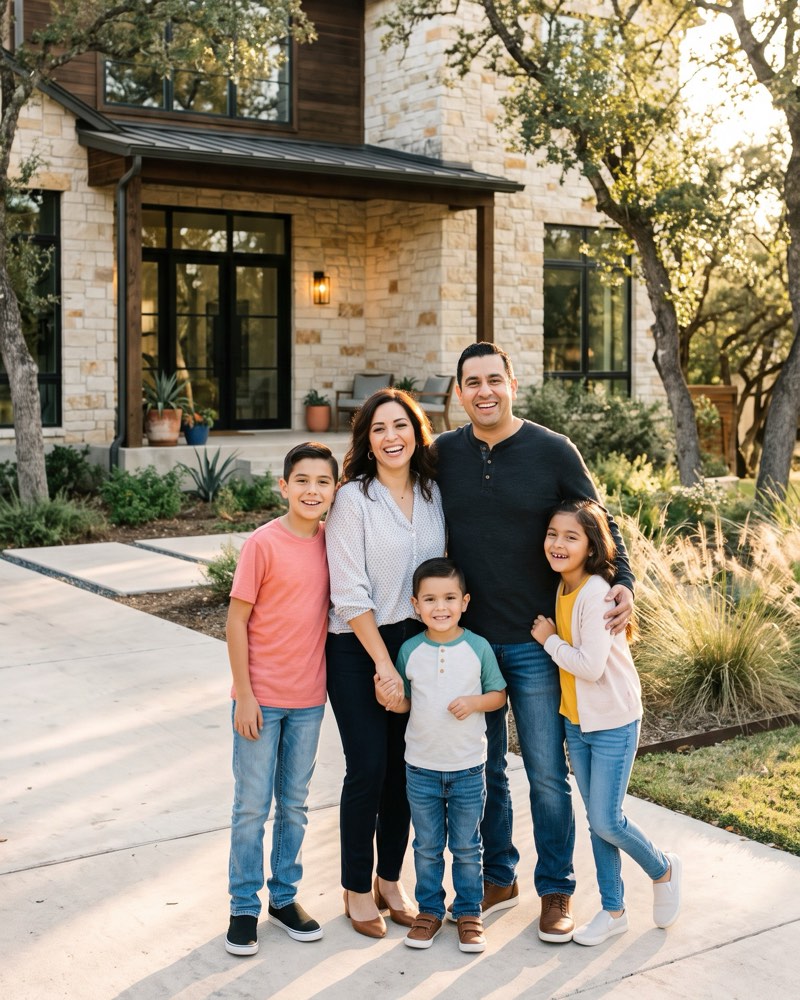 A smiling family standing in front of a stone home shaded by oak trees